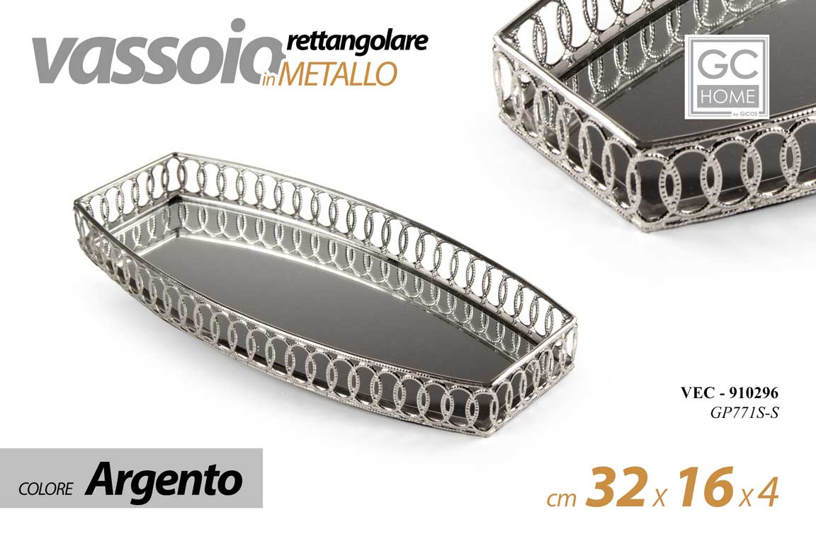 8025569910296 VASSOIO METALLO RETTANGOLARE DECOR FONDO SPECCHIO COL ARGENTO SILVER 32*16*4 cm - immagine 1