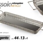 VASSOIO METALLO RETTANGOLARE MANICI DECO FOND SPECCHIO COL ARGENTO SILVER 44*13