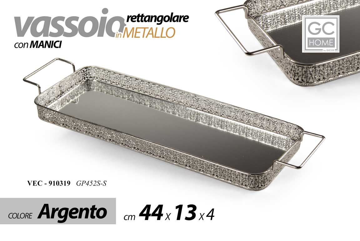 8025569910319 VASSOIO METALLO RETTANGOLARE MANICI DECO FOND SPECCHIO COL ARGENTO SILVER 44*13 - immagine 1
