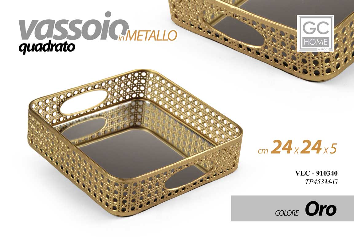 8025569910340 VASSOIO METALLO QUADRATO TAVOLO SCRIVANIA MANICI FONDO SPECCHIO D COL ORO 24*5cm - immagine 1