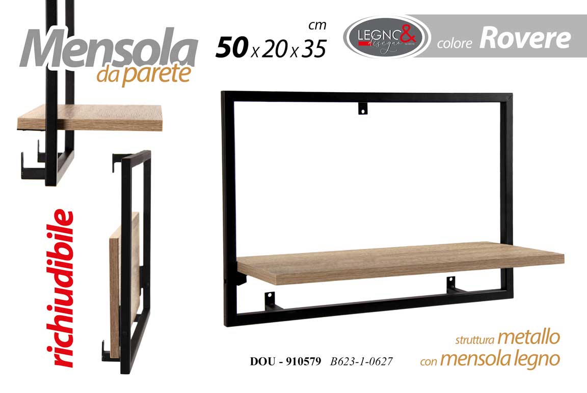 8025569910579 MENSOLA DA PARETE RICHIUDIBILE MODERNA MURO METALLO RIPIANO LEGNO IND 50*20*35cm - immagine 1