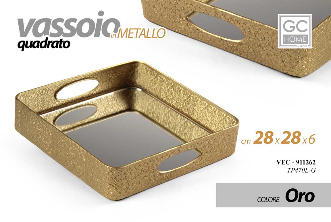 8025569911262 VASSOIO METALLO QUADRATO TAVOLO SCRIVANIA MANICI FONDO SPECCHIO COLOR ORO 28*6cm - immagine 1