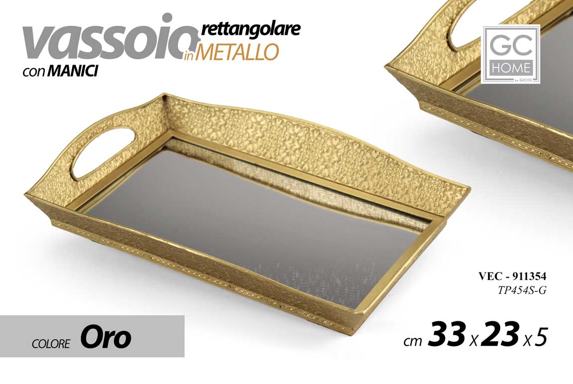 8025569911354 VASSOIO METALLO RETTANGOLARE TAVOLO SCRIVANIA MANICI FONDO SPECCHIO ORO 33*23*5 - immagine 1