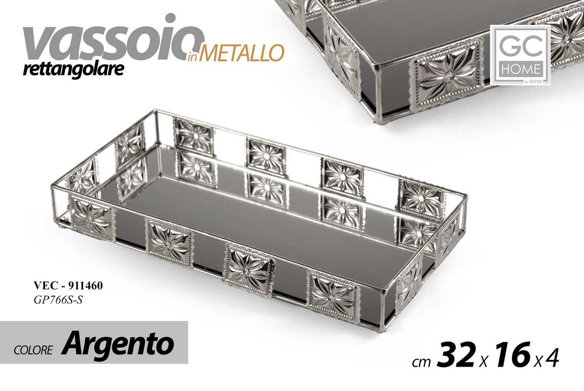 8025569911460 VASSOIO METALLO RETTANGOLARE DECORAT FONDO SPECCHIO COLOR ARGENTO SILVER 32*16*4 - immagine 1