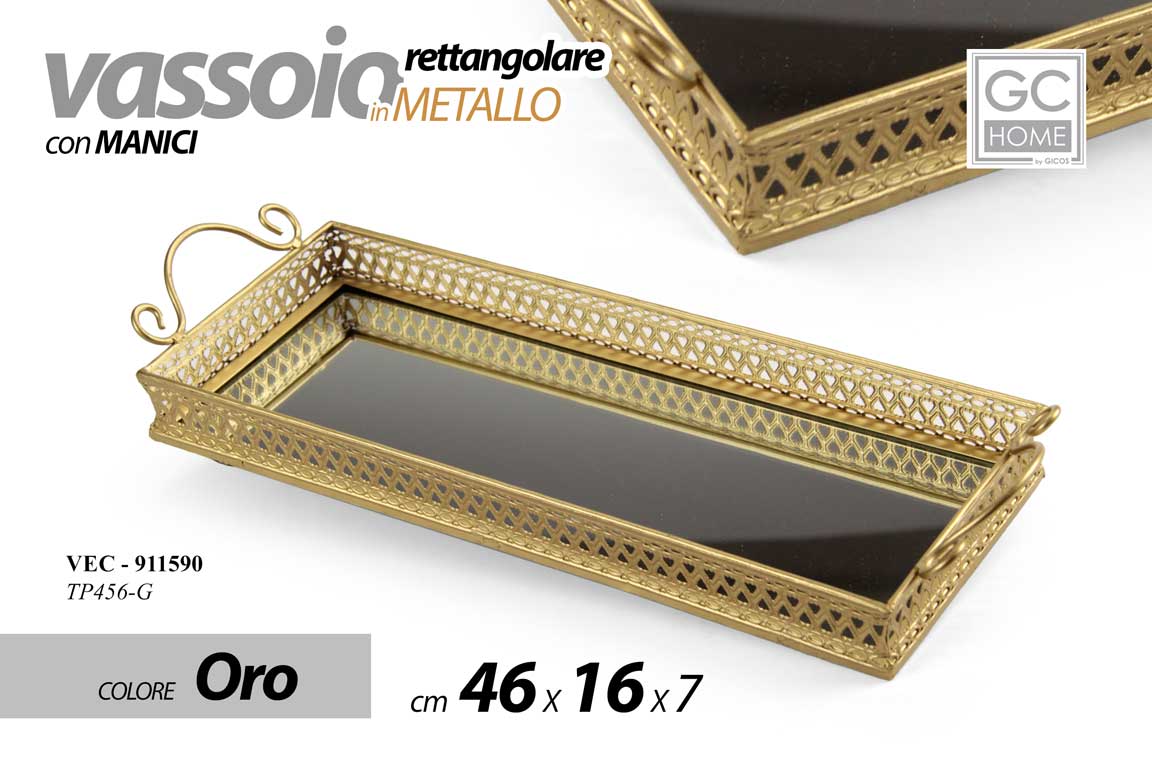 8025569911590 VASSOIO METALLO RETTANGOLARE TAVOLO SCRIVANIA FONDO SPECCHIO COLOR ORO 46*16*7cm - immagine 1