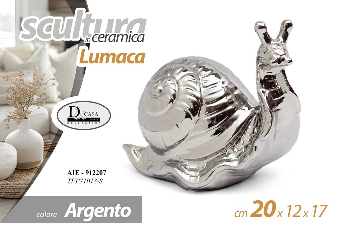 8025569912207 LUMACA CERAMICA ARGENTO LUCIDO BOMBONIERA SOPRAMMOBILE ARREDO MODERNO 20*17 cm - immagine 1