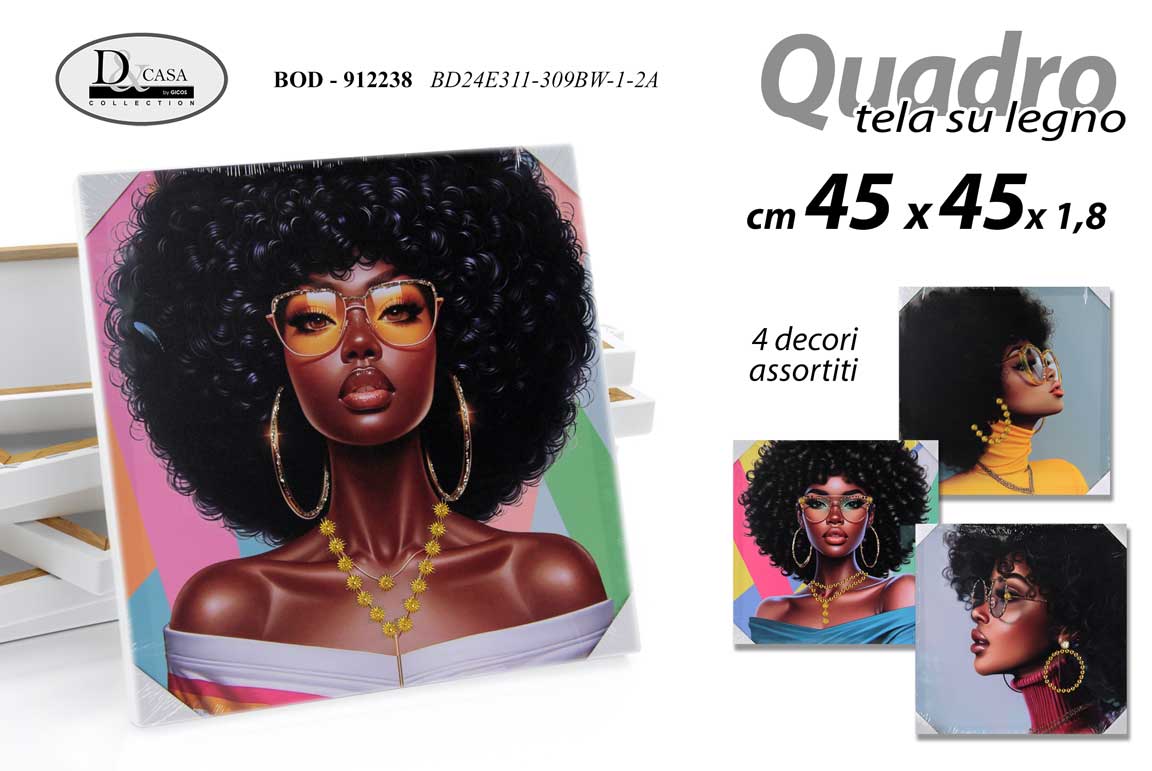 8025569912238 QUADRO STAMPA SU TELA Canvas LEGNO Donna NERA RICCI Afroamericana ASSOR 45*45 cm - immagine 1