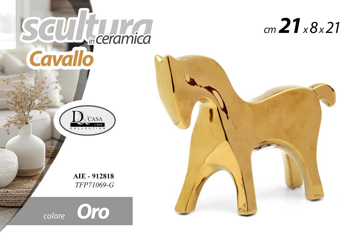 8025569912818 CAVALLO CERAMICA ORO BOMBONIERA SOPRAMMOBILE DESIGN MODERNO ARREDO CASA 21 CM - immagine 1