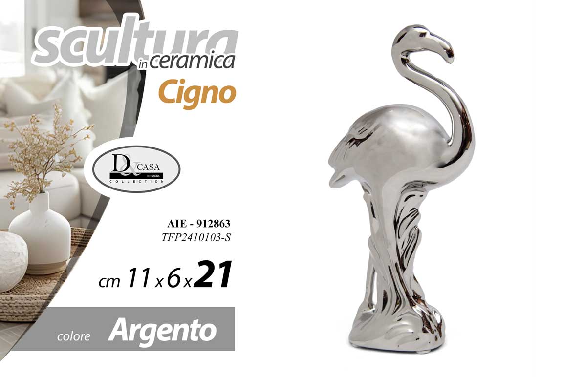 8025569912863 CIGNO FENICOTTERO CERAMICA ARGENTO BOMBONIERA SOPRAMMOBILE MODERNO ARREDO 21 CM - immagine 1