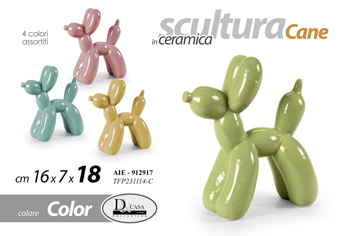 8025569912917 CANE PALLONCINI SOPRAMMOBILE BOMBONIERA SCULTURA CERAMICA MODERNO ASS 18CM - immagine 1