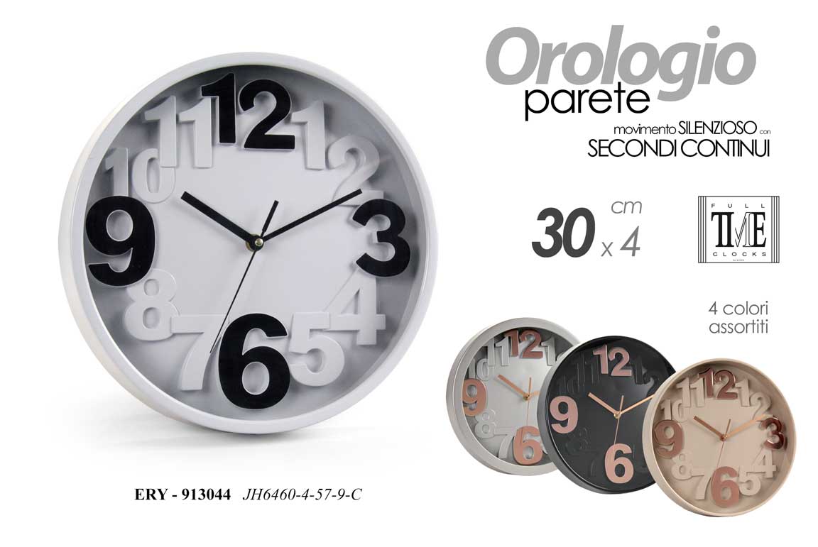 8025569913044 OROLOGIO DA PARETE TONDO MODERNO CLASSICO SILENZIOSO NUMERI RILIEVO ASS ABS 30cm - immagine 1