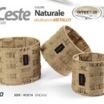 SET 3 CESTE CESTA TONDA SALOTTO CUCINA BAGNO ARREDO METALLO E INTRECCIO NATURALE