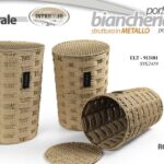 3 CESTE CESTA PORTABIANCHERIA TONDE METALLO E INTRECCIO CON COPERCHIO 52-47-42cm