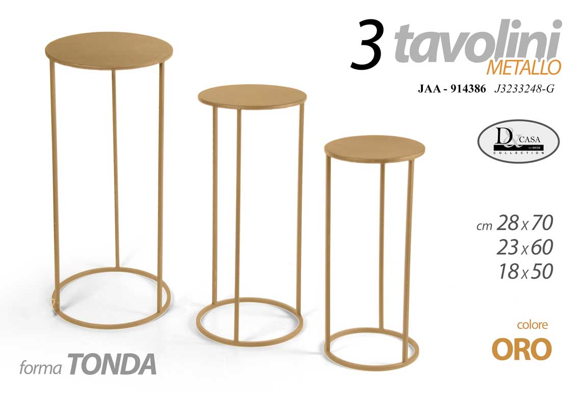 8025569914386 3 TAVOLINI TONDI METALLO ORO COLONNINA ROTONDA TAVOLINO PORTA PIANTA 70-60-50cm - immagine 1