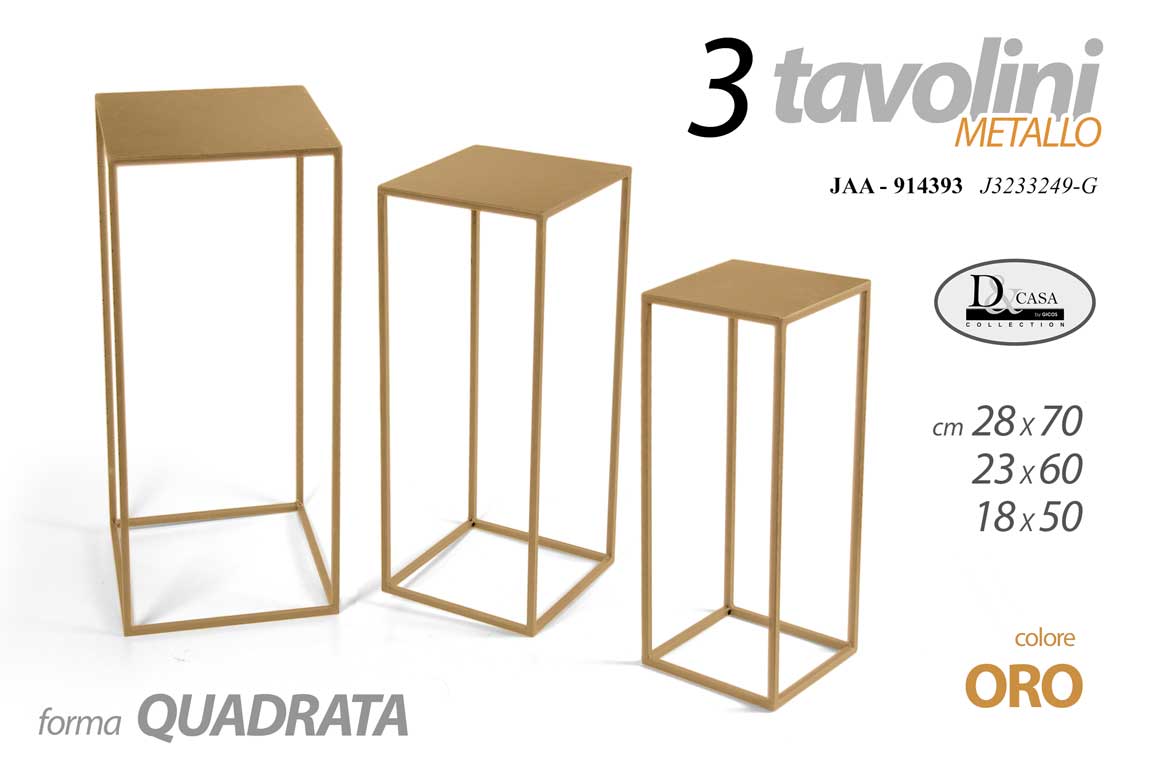8025569914393 3 TAVOLINI FORMA QUADRATA METALLO ORO COLONNINA TAVOLINO PORTA PIANTA 70-60-50cm - immagine 1