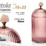 SCATOLA PORTA GIOIE ACCESSORI BAGNO BOMBONIERA COPERCHIO VETRO ROSSO Ø10*23 CM