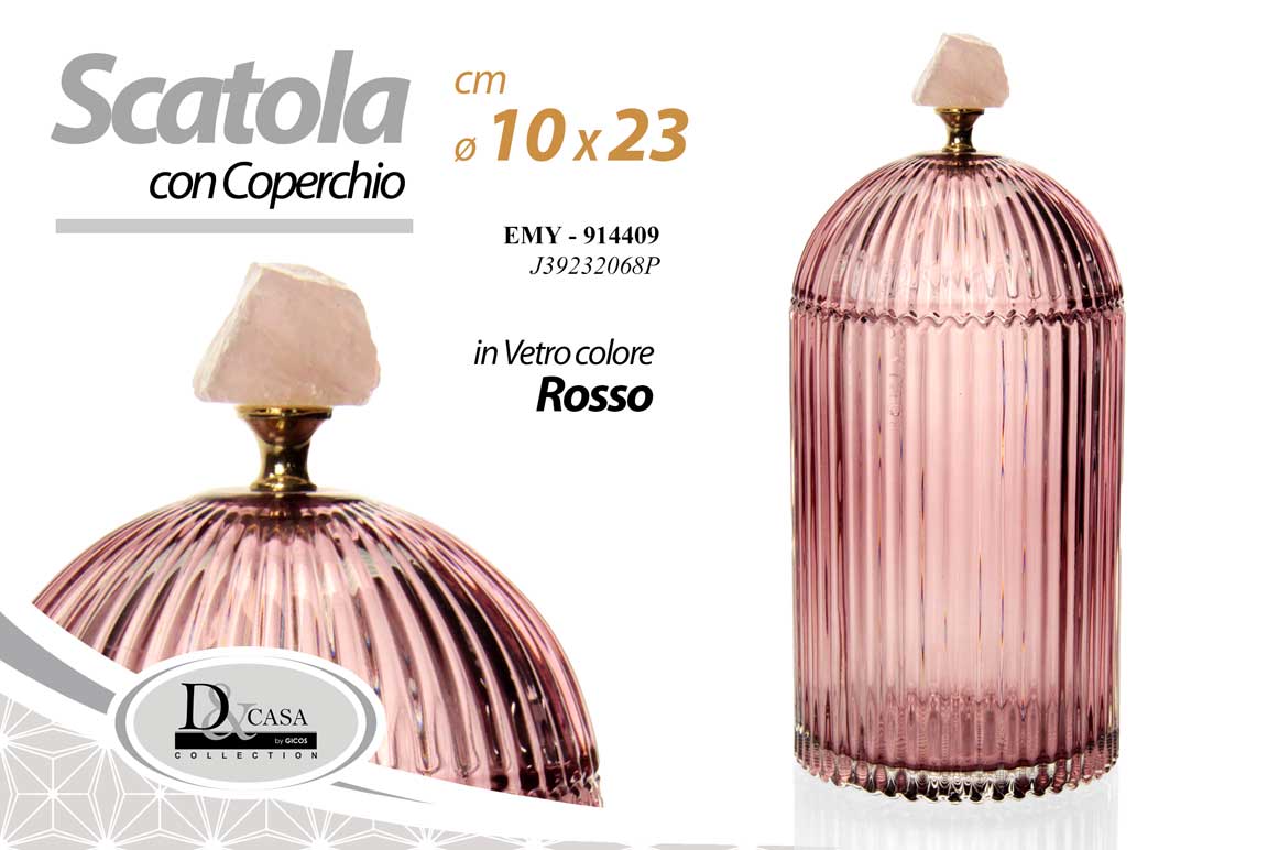 8025569914409 SCATOLA PORTA GIOIE ACCESSORI BAGNO BOMBONIERA COPERCHIO VETRO ROSSO Ø10*23 CM - immagine 1
