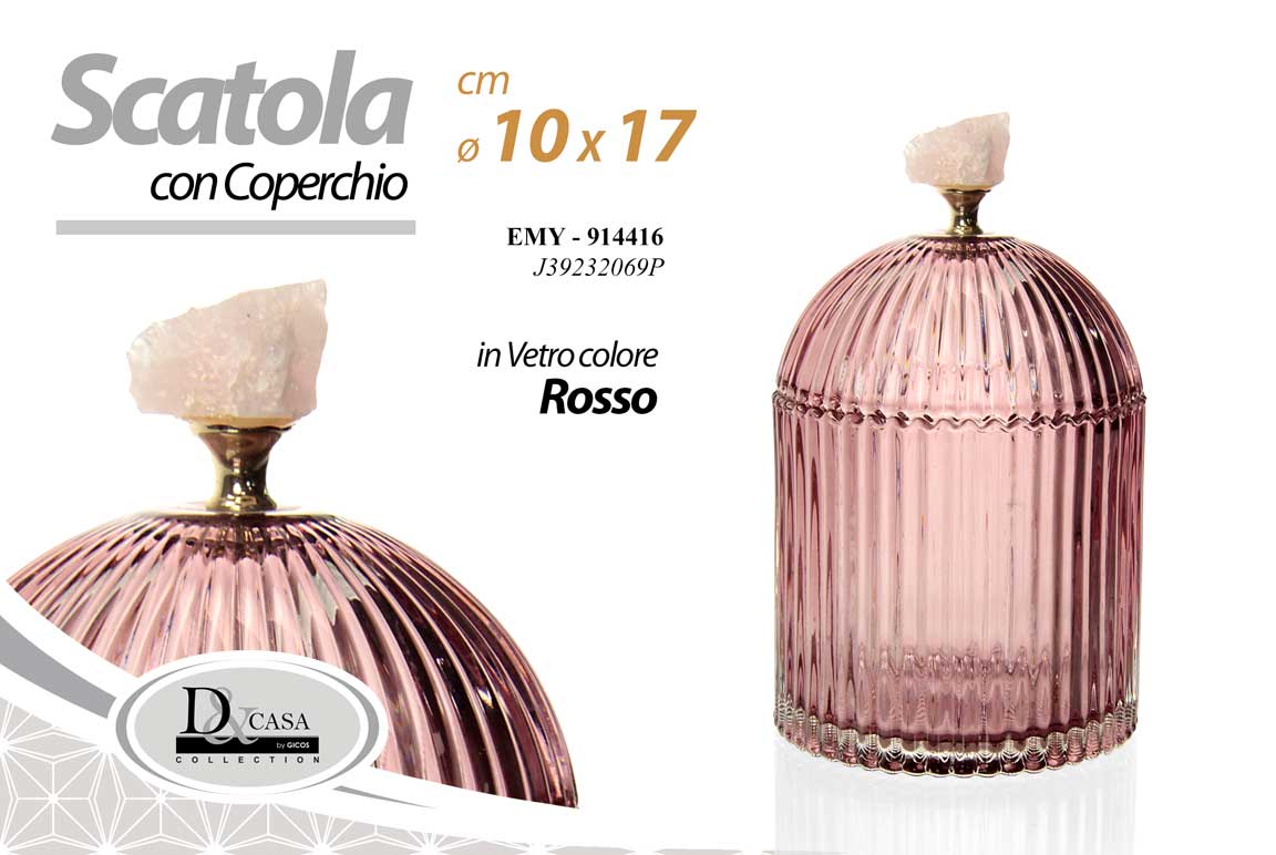 8025569914416 SCATOLA PORTA GIOIE ACCESSORI BAGNO BOMBONIERA COPERCHIO VETRO ROSSO Ø10*17 CM - immagine 1