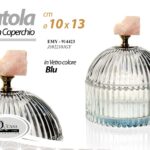 SCATOLA PORTA GIOIE ACCESSORI BAGNO BOMBONIERA COPERCHIO VETRO BLU Ø10*13 CM