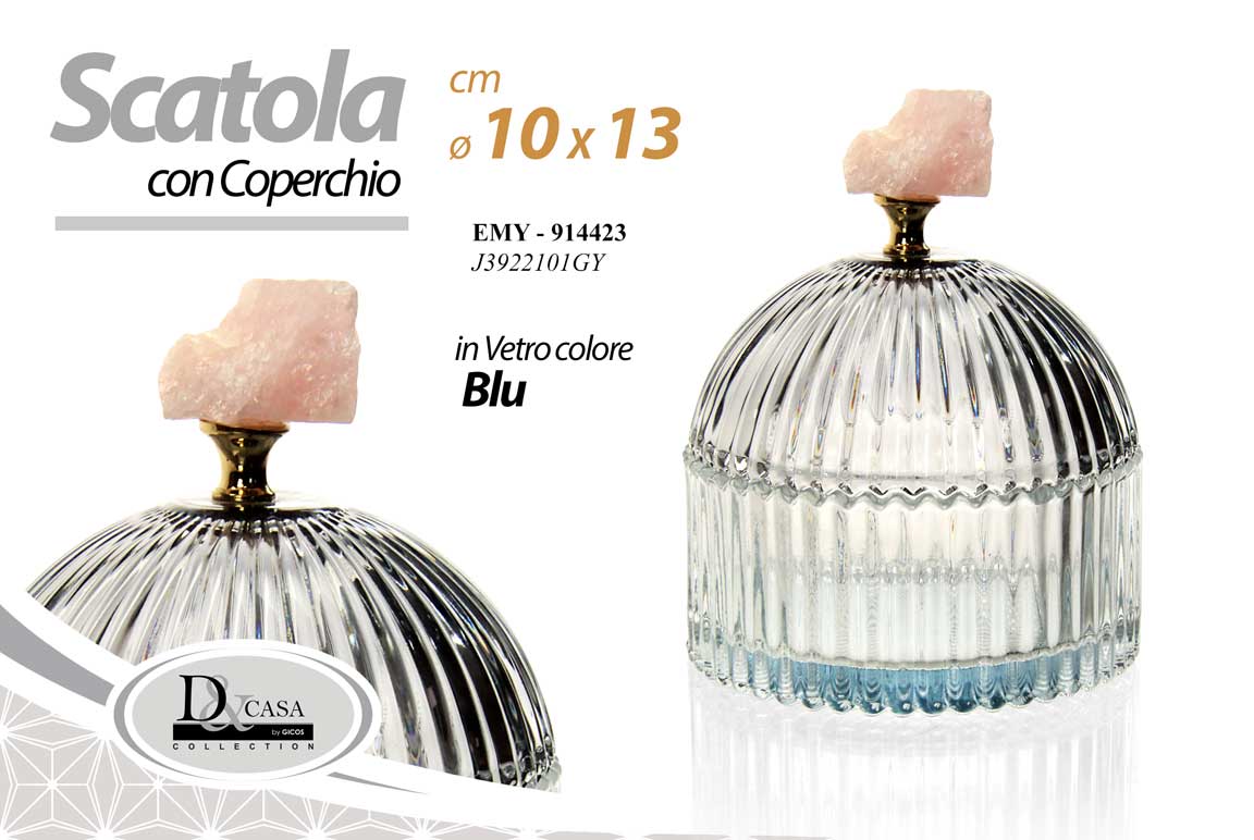 8025569914423 SCATOLA PORTA GIOIE ACCESSORI BAGNO BOMBONIERA COPERCHIO VETRO BLU Ø10*13 CM - immagine 1