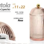 SCATOLA POTICHE ACCESSORI BAGNO PORTAGIOIE COPERCHIO VETRO ROSA Ø11*22 CM