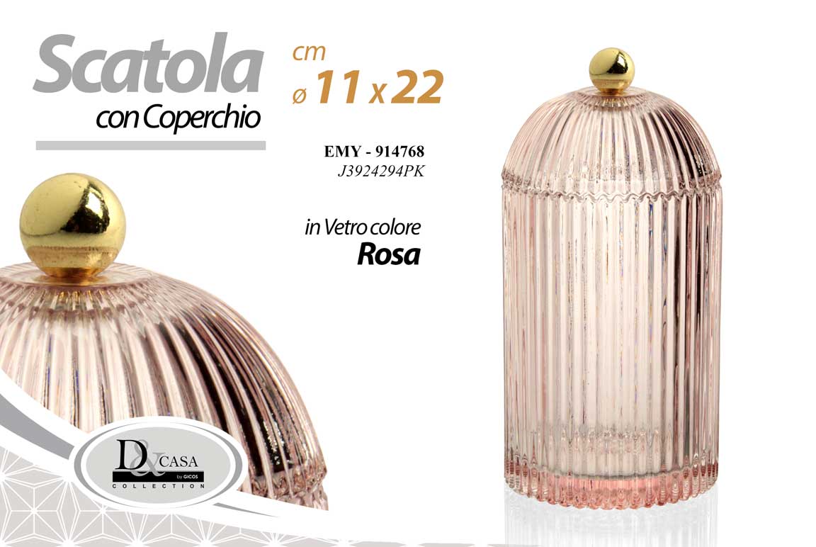 8025569914768 SCATOLA POTICHE ACCESSORI BAGNO PORTAGIOIE COPERCHIO VETRO ROSA Ø11*22 CM - immagine 1