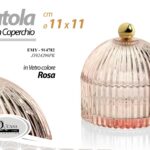 PORTAGIOIE SCATOLA BOMBONIERA PORTA CONFETTI COPERCHIO VETRO ROSA Ø11*11 CM