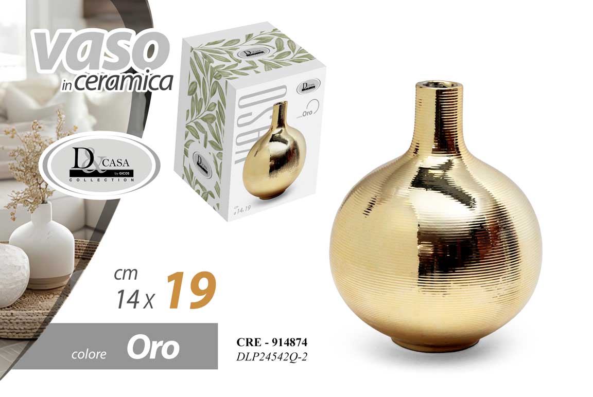 8025569914874 VASO FIORI CERAMICA ORO COLOR DESIGN RIGATO COLLO STRETTO DESIGN MODERNO 19 CM - immagine 1