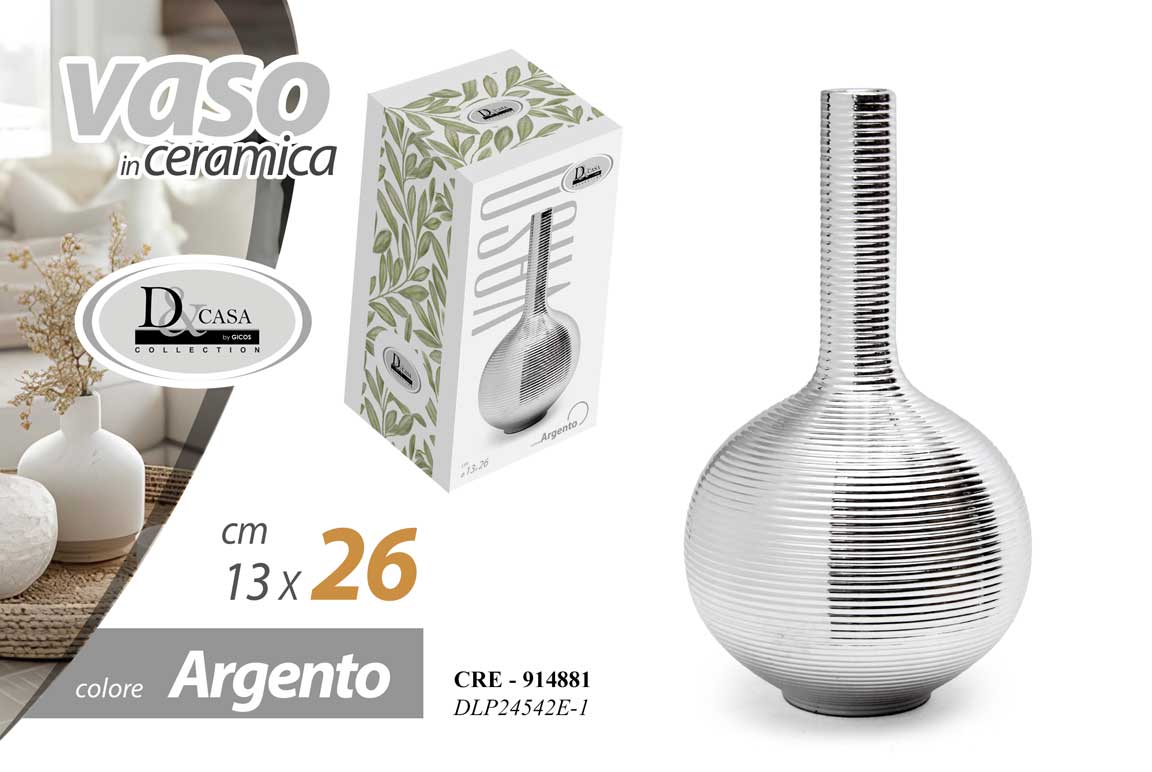 8025569914881 VASO FIORI CERAMICA ARGENTO DESIGN RIGATO COLLO STRETTO DESIGN MODERNO 26 CM - immagine 1