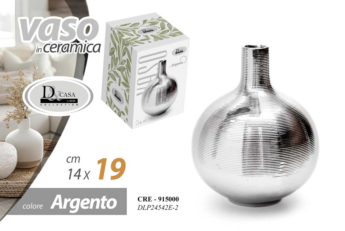 8025569915000 VASO FIORI CERAMICA ARGENTO DESIGN RIGATO COLLO STRETTO DESIGN MODERNO 19 CM - immagine 1