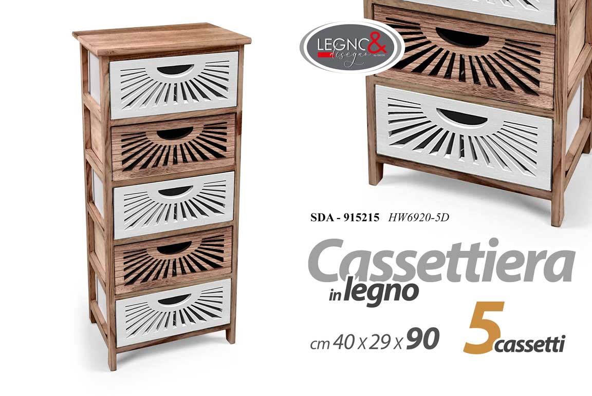 8025569915215 CASSETTIERA MOBILETTO 5 CASSETTI LEGNO SLIM SALVASPAZIO BIANCA MARRONE 90*40*29 - immagine 1