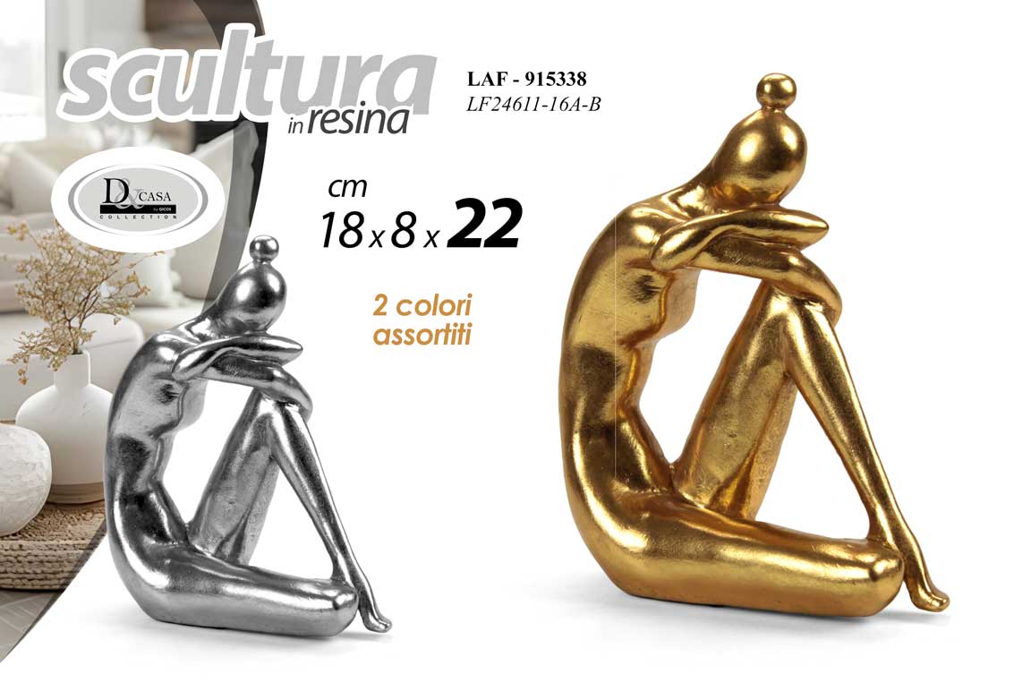 8025569915338 SCULTURA PENSATORE STATUA FIGURA SOPRAMMOBILE MODERNO RESINA ORO ARGENTO AS 22cm - immagine 1