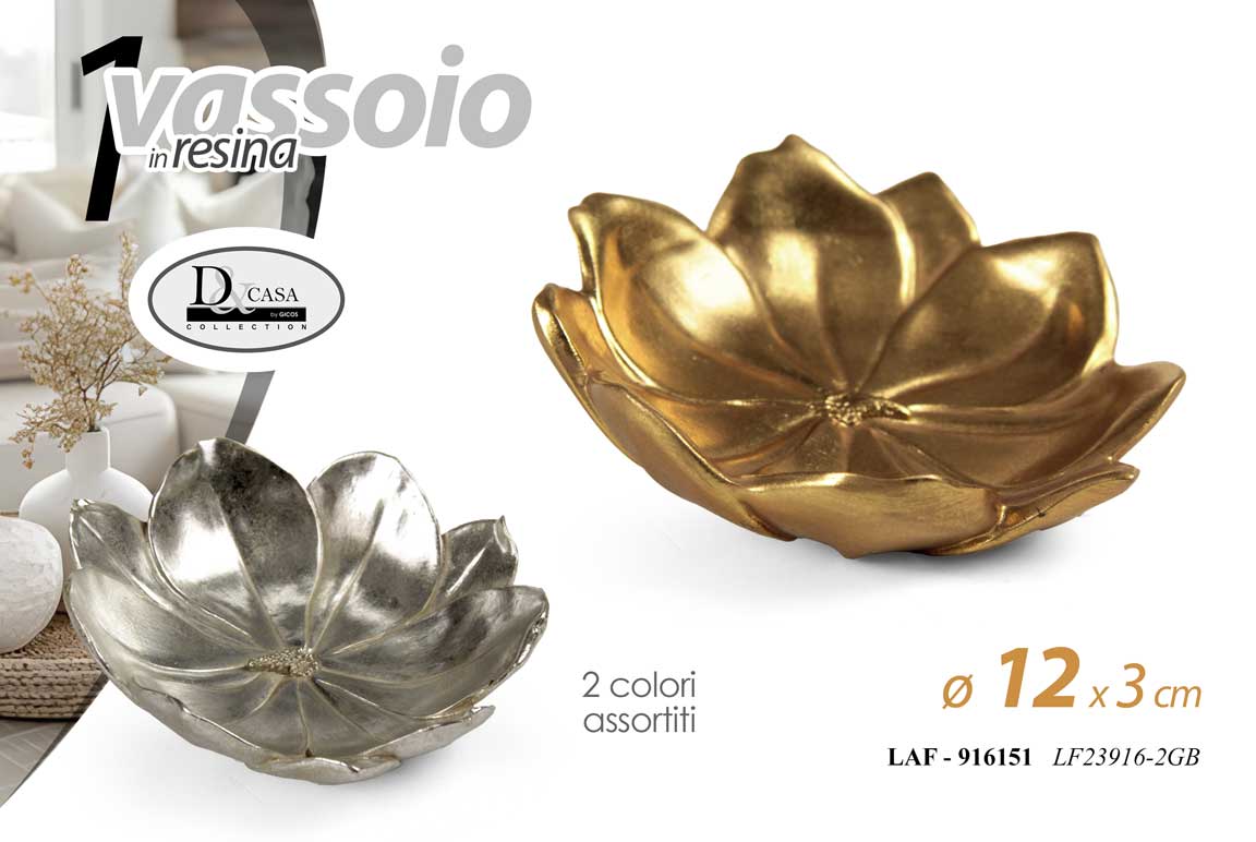 8025569916151 VASSOIO TONDO IN RESINA COLOR ORO ARGENTO ASSOR FIORI CLASSICO MODERNO 12*12*3cm - immagine 1