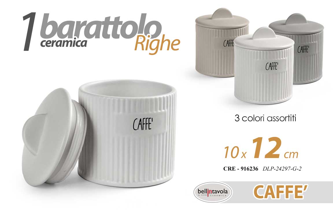 8025569916236 BARATTOLO CAFFè CUCINA CERAMICA BIANCO GRIGIO BEIGE MODERNO RIGHE CRE 12*10cm - immagine 1