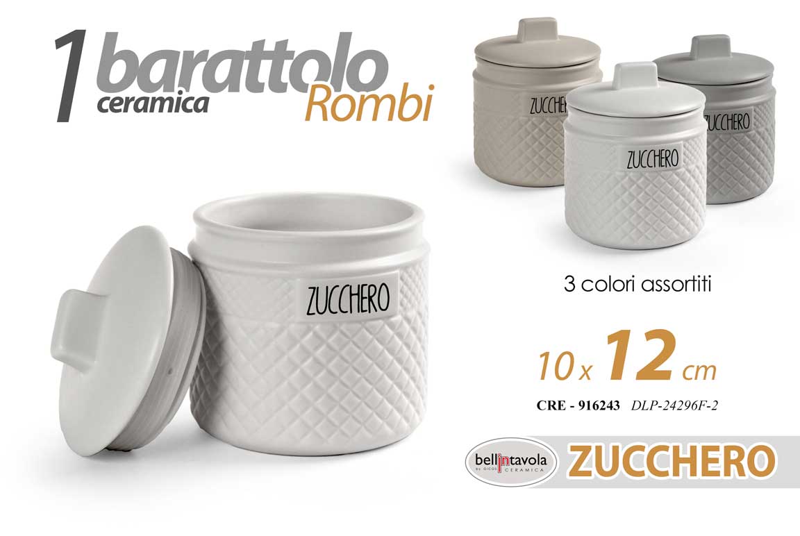 8025569916243 BARATTOLO ZUCCHERO CUCINA CERAMICA BIANCO GRIGIO BEIGE MODERNO ROMBI CRE 12*10cm - immagine 1