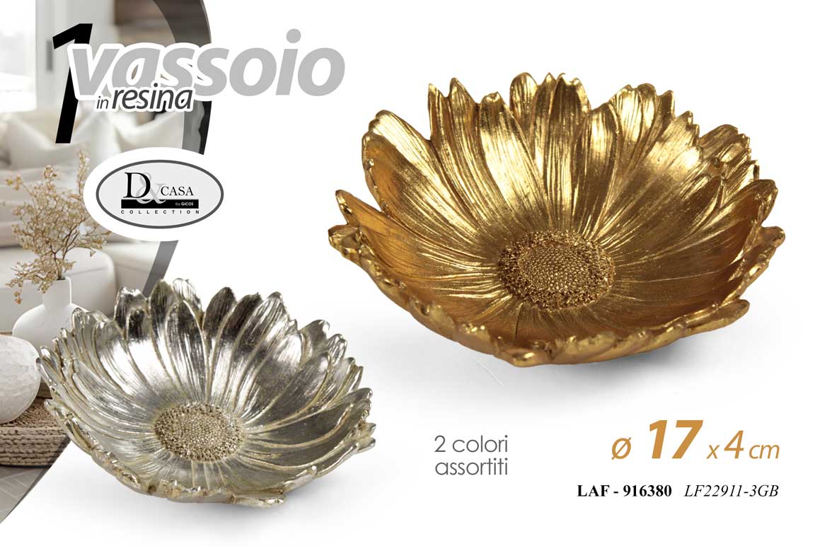 8025569916380 VASSOIO TONDO IN RESINA COLOR ORO ARGENTO ASSOR FIORE CLASSICO MODERNO 17*16*4cm - immagine 1