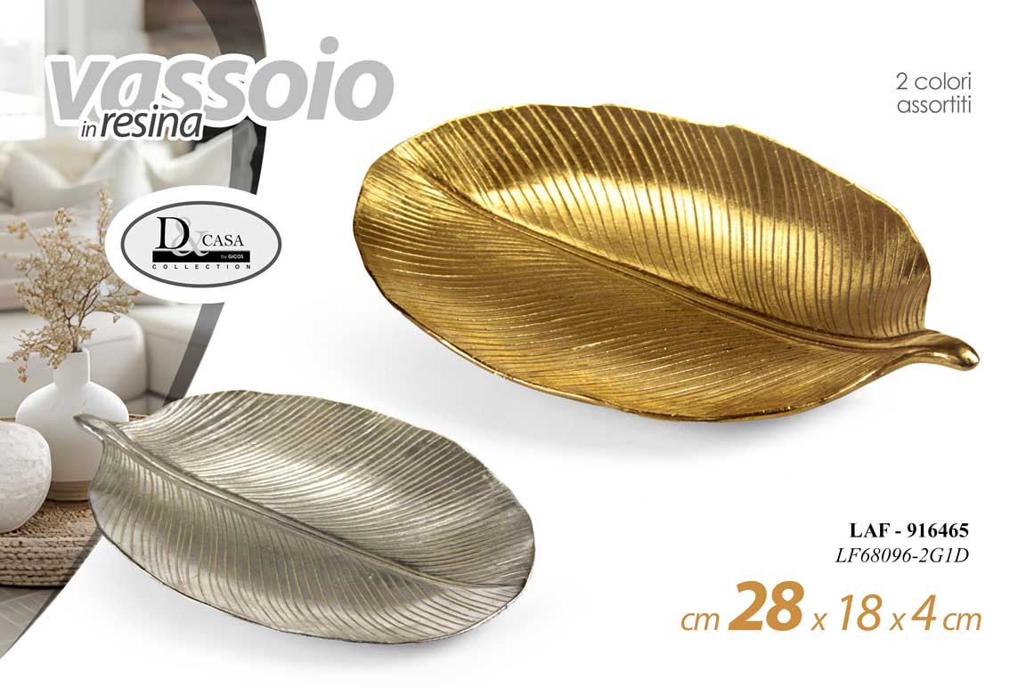 8025569916465 VASSOIO FOGLIA IN RESINA COLOR ORO ARGENTO ASSOR CLASSICO MODERNO 28*18*4 cm - immagine 1