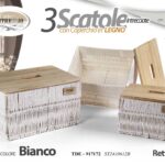 3 SCATOLE CONTENITORI PORTA OGGETTI ACCESSORI BIANCO COPERCHIO LEGNO 35/31/27