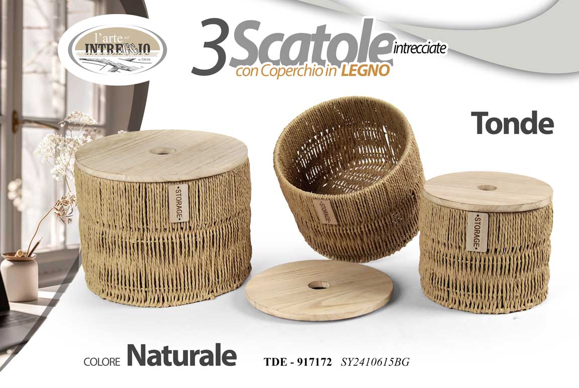 8025569917202 3 SCATOLE CONTENITORI SET PORTA OGGETTI ACCESSORI TONDE COPERCHIO LEGNO 28/24/20 - immagine 1