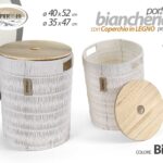 2 CESTE SET PORTABIANCHERIA VESTITI COPERCHIO LEGNO TONDE BIANCO INTRECC 52-47cm