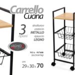 CARRELLO CUCINA METALLO NERO RUOTE RIPIANO LEGNO 2 CASSETTI FRUTTA 70*30*29 cm
