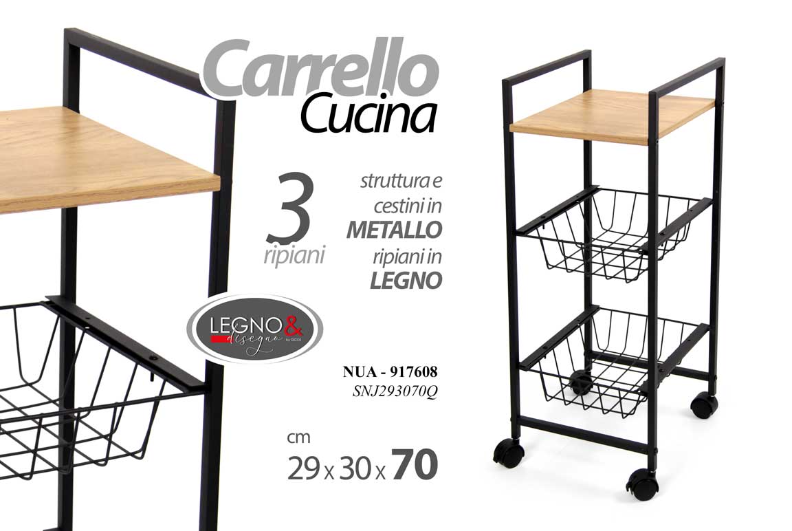 8025569917608 CARRELLO CUCINA METALLO NERO RUOTE RIPIANO LEGNO 2 CASSETTI FRUTTA 70*30*29 cm - immagine 1
