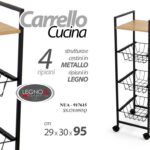 CARRELLO CUCINA METALLO NERO RUOTE RIPIANO LEGNO 3 CASSETTI FRUTTA 95*30*29 cm
