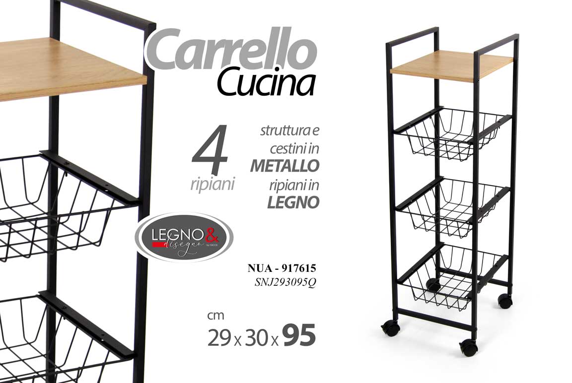 8025569917615 CARRELLO CUCINA METALLO NERO RUOTE RIPIANO LEGNO 3 CASSETTI FRUTTA 95*30*29 cm - immagine 1