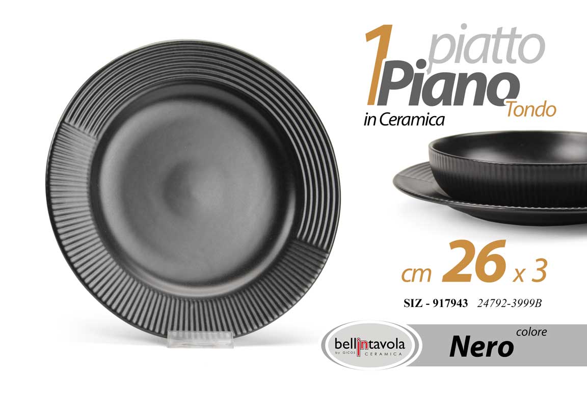 8025569917943 Piatto piano tondo ceramica nero opaco moderno cucina tavola elegante 26*3 cm - immagine 1