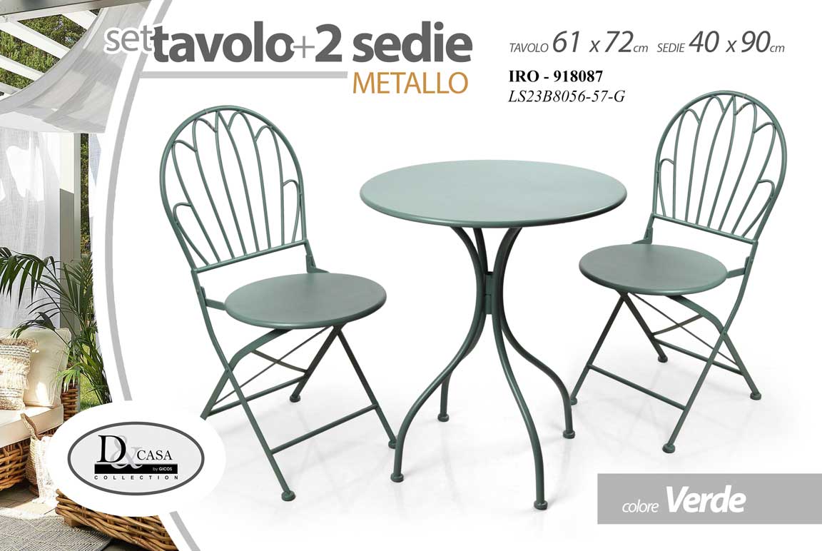 8025569918087 TAVOLO TONDO + 2 SEDIE INTERNO ESTERNO GIARDINO TERRAZZO VERANDA METALLO VERDE - immagine 1