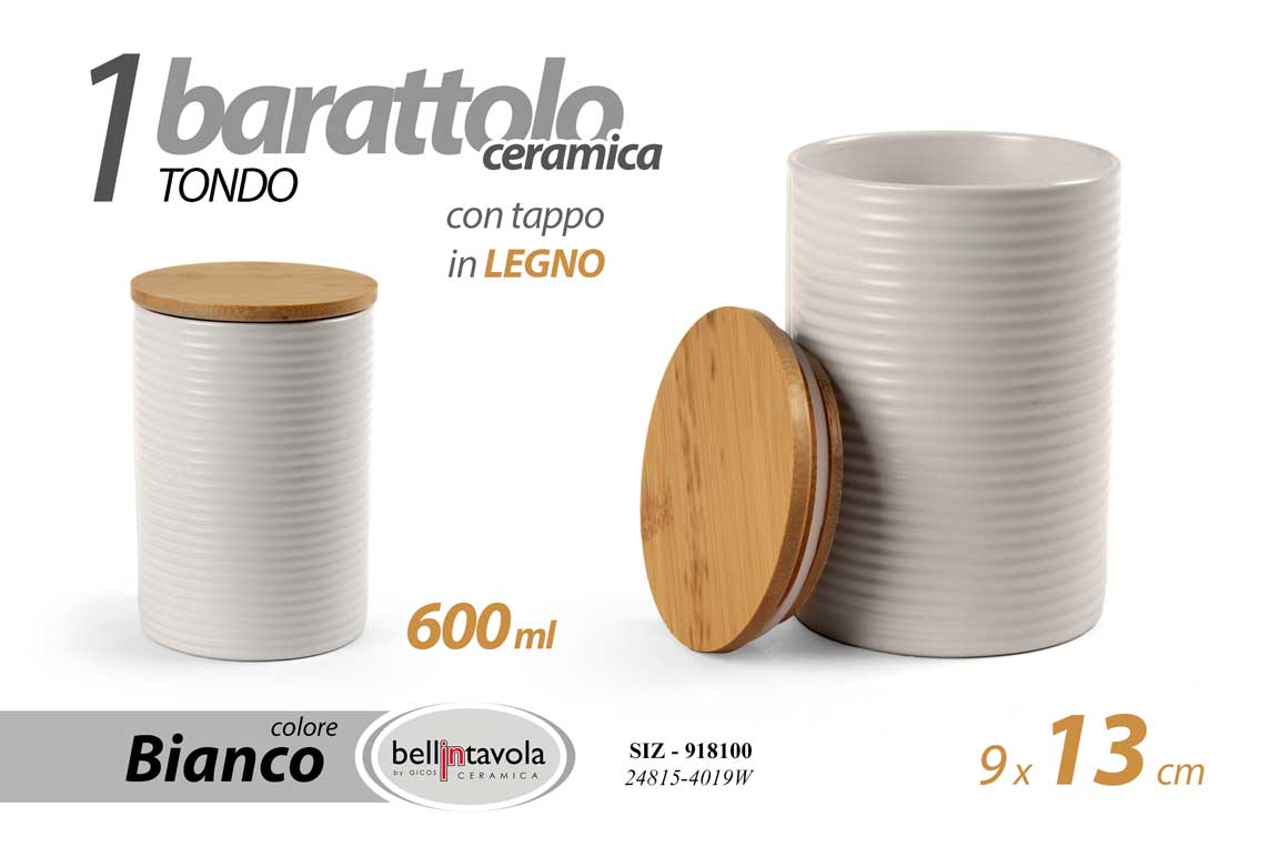 8025569918100 Barattolo cucina tondo ceramica bianco tappo legno moderno multiuso 13x9 cm - immagine 1