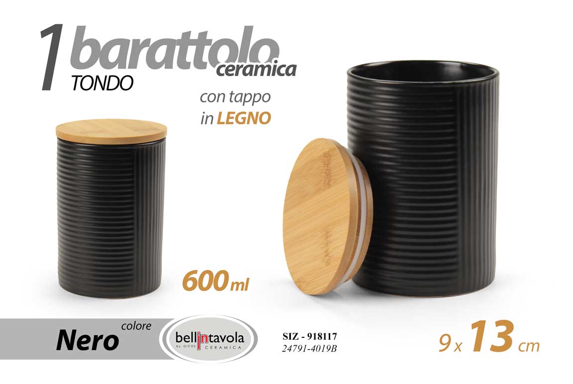 8025569918117 Barattolo cucina tondo ceramica nero tappo legno moderno multiuso 13x9 cm - immagine 1