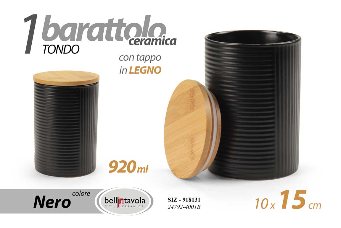 8025569918131 Barattolo cucina tondo ceramica nero tappo legno moderno multiuso 920ML 15*10 cm - immagine 1