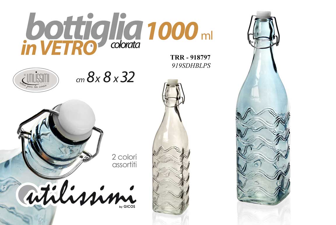 8025569918797 BOTTIGLIA IN VETRO COLORATA CON TAPPO MECCANICO CHIUSURA ERMETICA 1 LITRO 32 cm - immagine 1